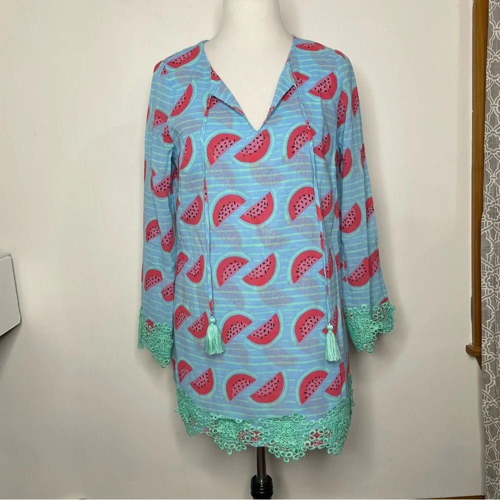 STS Sail To Sable Tunic Dress SZ S Watermelon Print Green Tassel Cotton - Picture 1 of 16